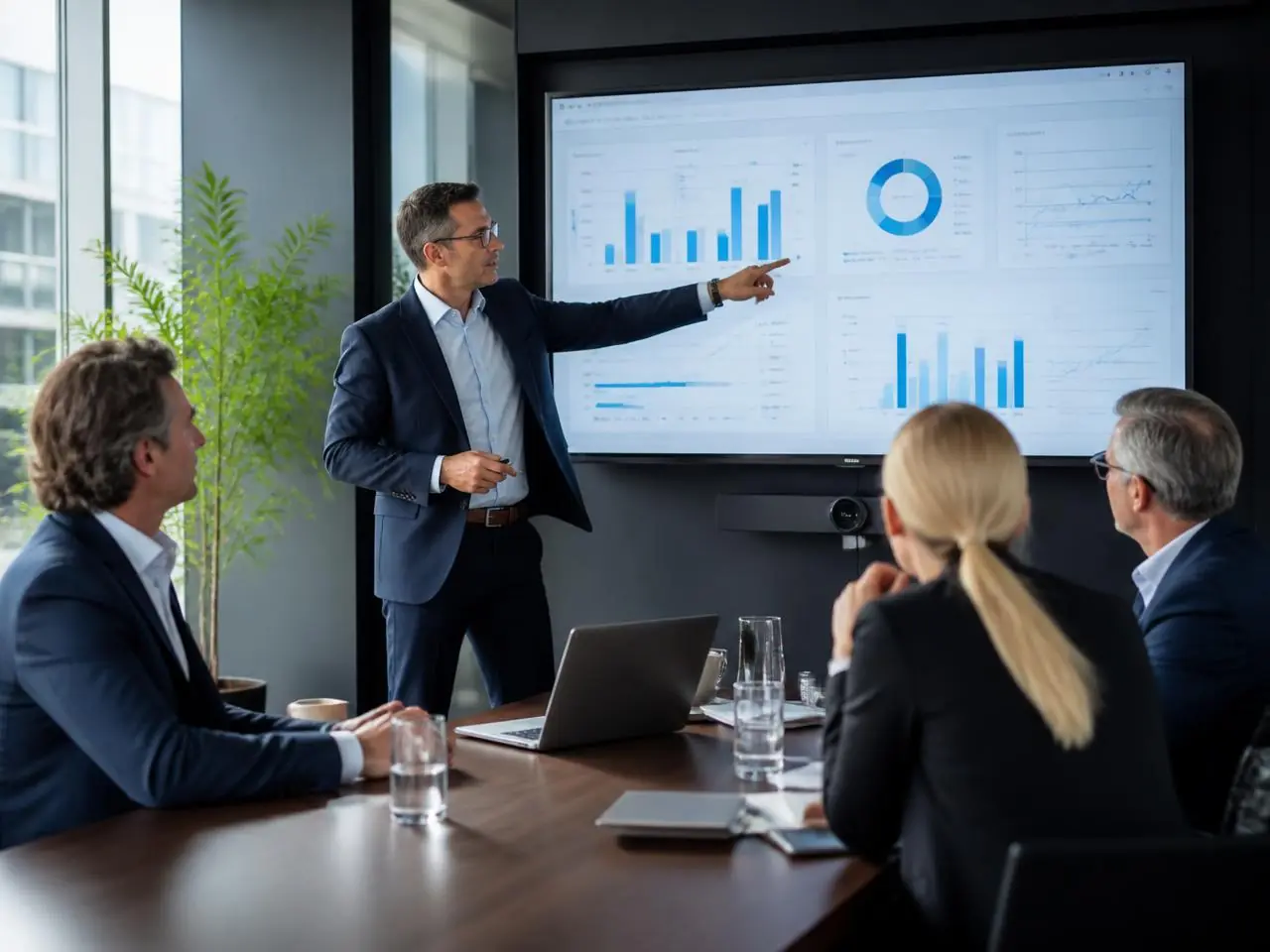 Un consultant présente un tableau de bord de données à trois dirigeants en salle de réunion.