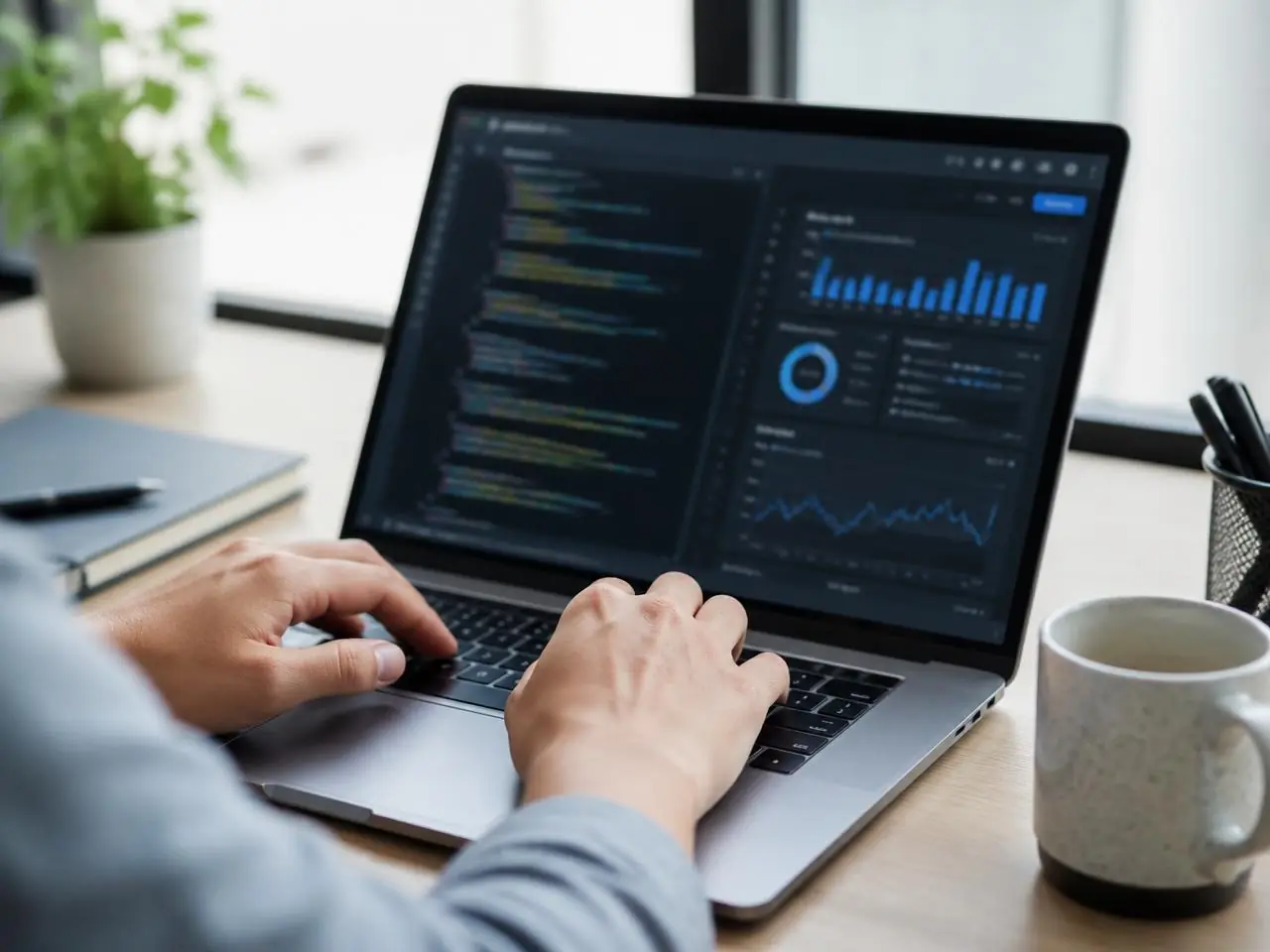 Gros plan sur un ordinateur portable affichant du code Python et un tableau de bord de données.