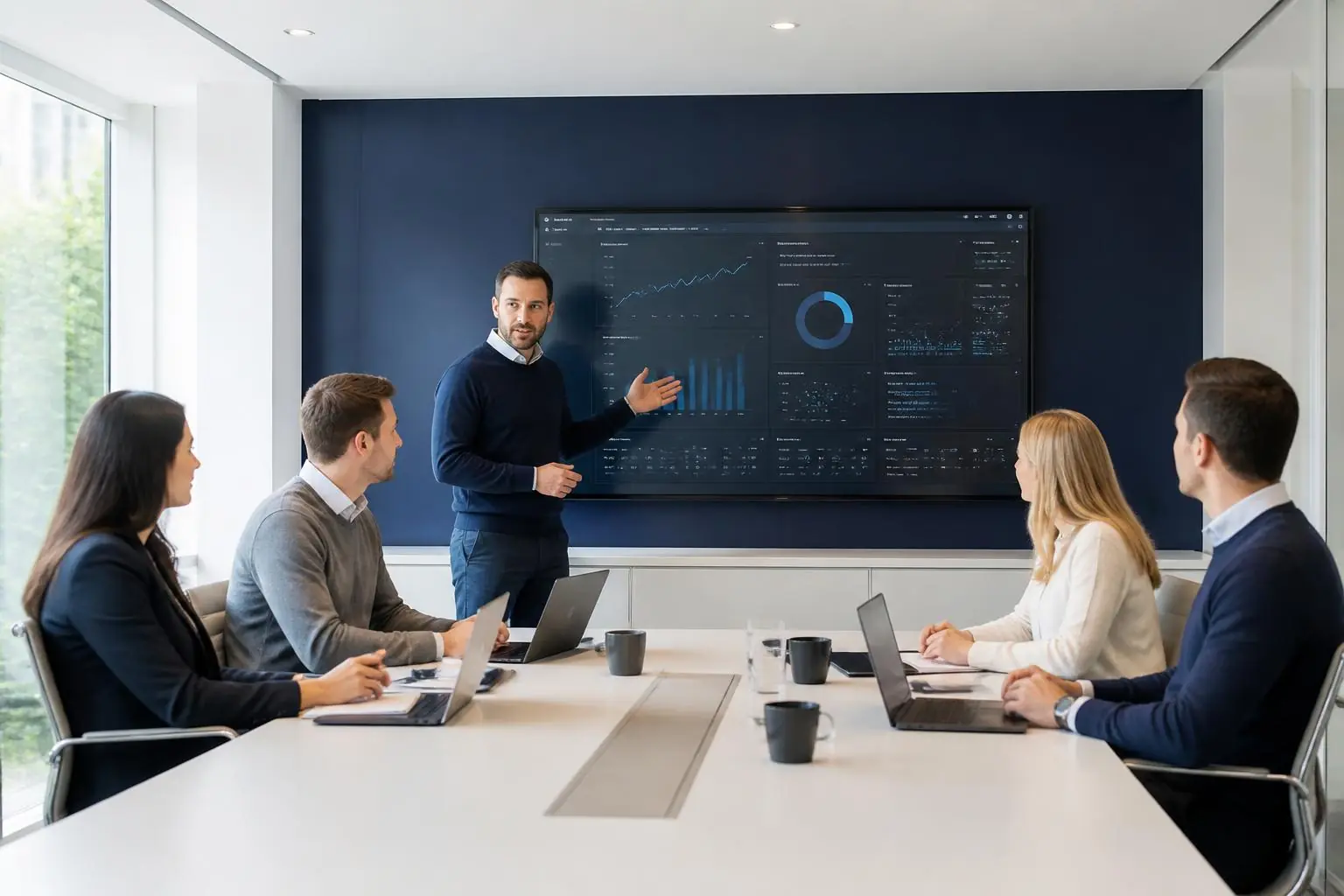 Un formateur présente un tableau de bord de données à quatre collaborateurs réunis autour d'une table de réunion.