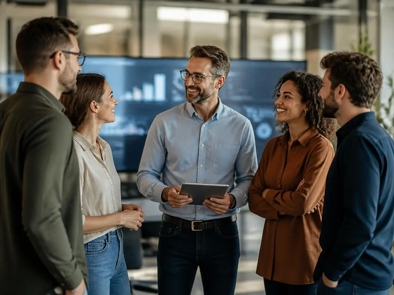 Une équipe technique de cinq personnes échange dans un espace de travail moderne.