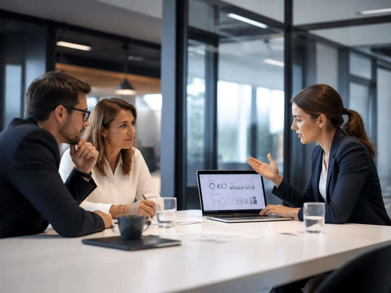 Une professionnelle des données présente son portfolio de projets à deux recruteurs.